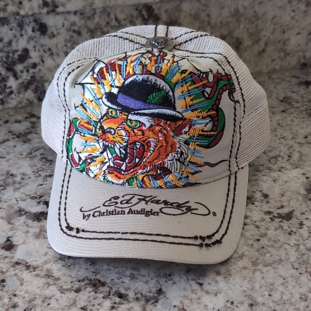 Ed Hardy Beige Cap with Colorful Tiger Embroidery